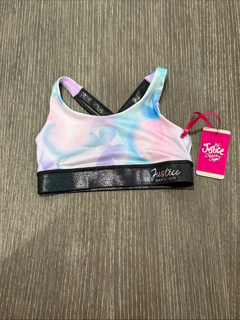 NWT Size Small 7-8 Justice Pastel Tie-Dye Crossback Sports Bra with Glitter Band